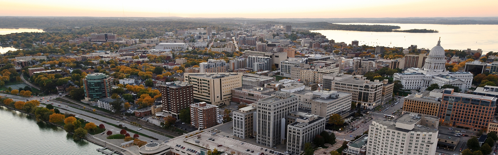 Aerial photo of the city of Madison with the capitol building